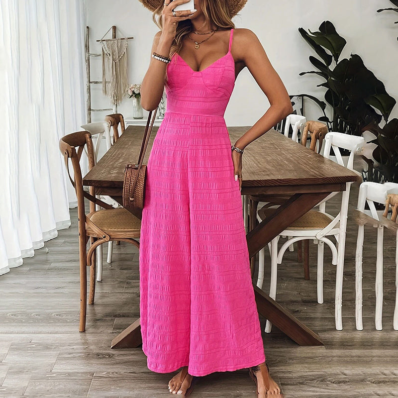 Women’s Pink Sleeveless Jumpsuit – V-Neck Palazzo Style with Back Bow