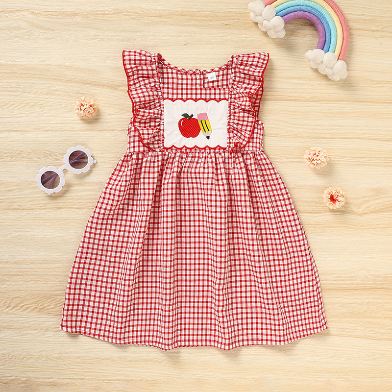 Toddler Girl Back to School Dress – Apple Embroidered Smocked Dress with Flutter Sleeves