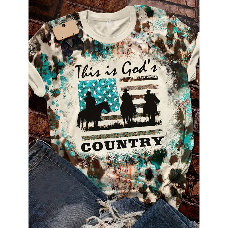 Women’s Cowboy Graphic Tee – Western Style Color Block T-Shirt