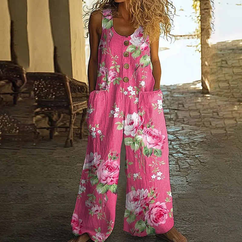 Boho Floral Button-Front Romper - Casual Wide-Leg Fit