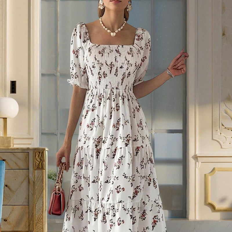 Boho Floral Summer Dress – Square Neck, Smocked Waist, Ruffle Sleeves