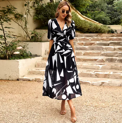 Women’s Summer Maxi Dress – V-Neck Printed Beachwear with Short Sleeves