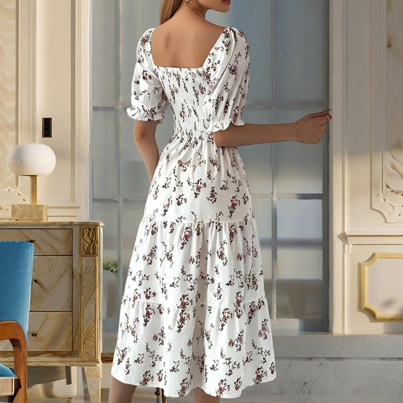 Boho Floral Summer Dress – Square Neck, Smocked Waist, Ruffle Sleeves