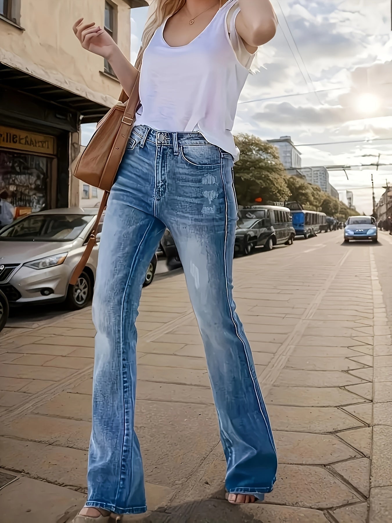 Women’s High-Waisted Flare Jeans – Stretch Skinny Fit with Distressed Vintage Style