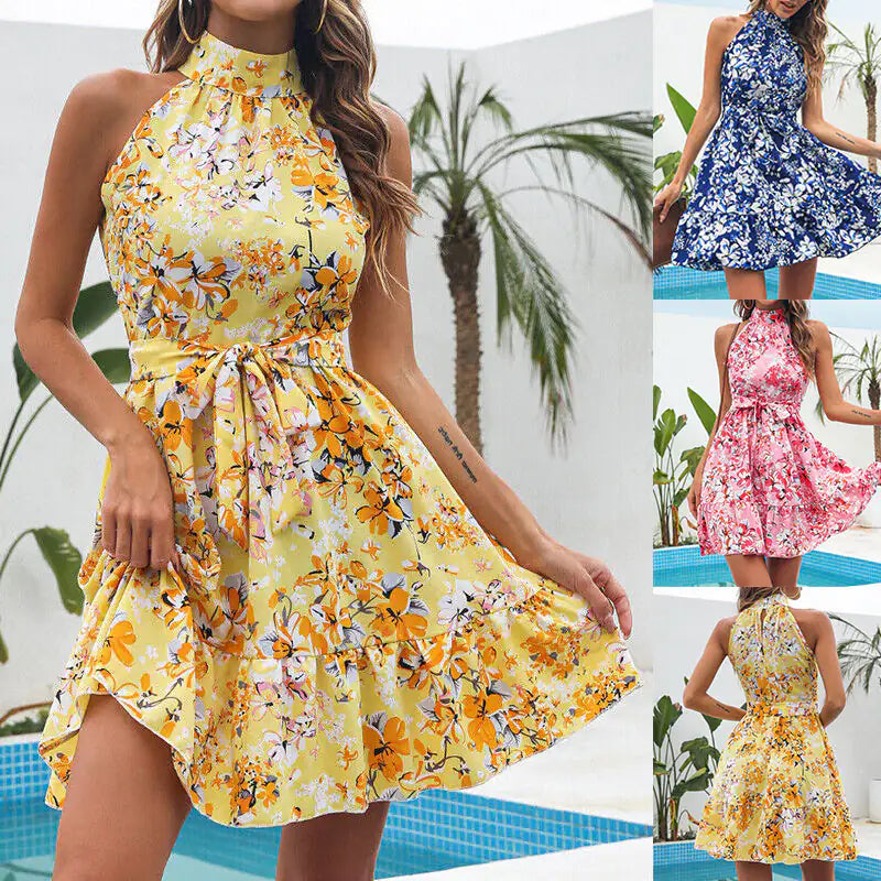 Women’s Summer Halter Dress – Floral Print, Lace-Up, Ruffled Detail