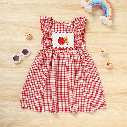 Toddler Girl Back to School Dress – Apple Embroidered Smocked Dress with Flutter Sleeves