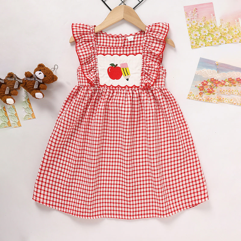 Toddler Girl Back to School Dress – Apple Embroidered Smocked Dress with Flutter Sleeves