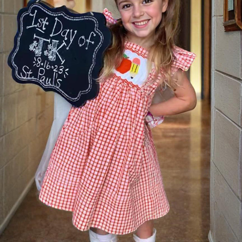Toddler Girl Back to School Dress – Apple Embroidered Smocked Dress with Flutter Sleeves