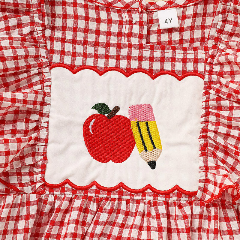 Toddler Girl Back to School Dress – Apple Embroidered Smocked Dress with Flutter Sleeves