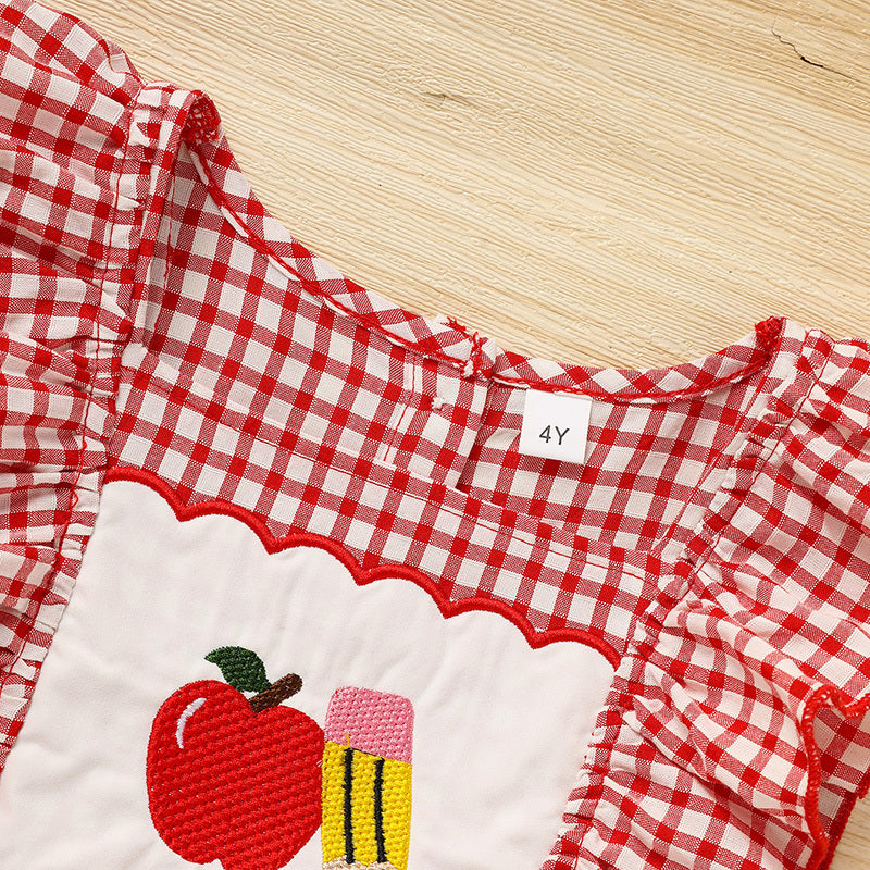 Toddler Girl Back to School Dress – Apple Embroidered Smocked Dress with Flutter Sleeves