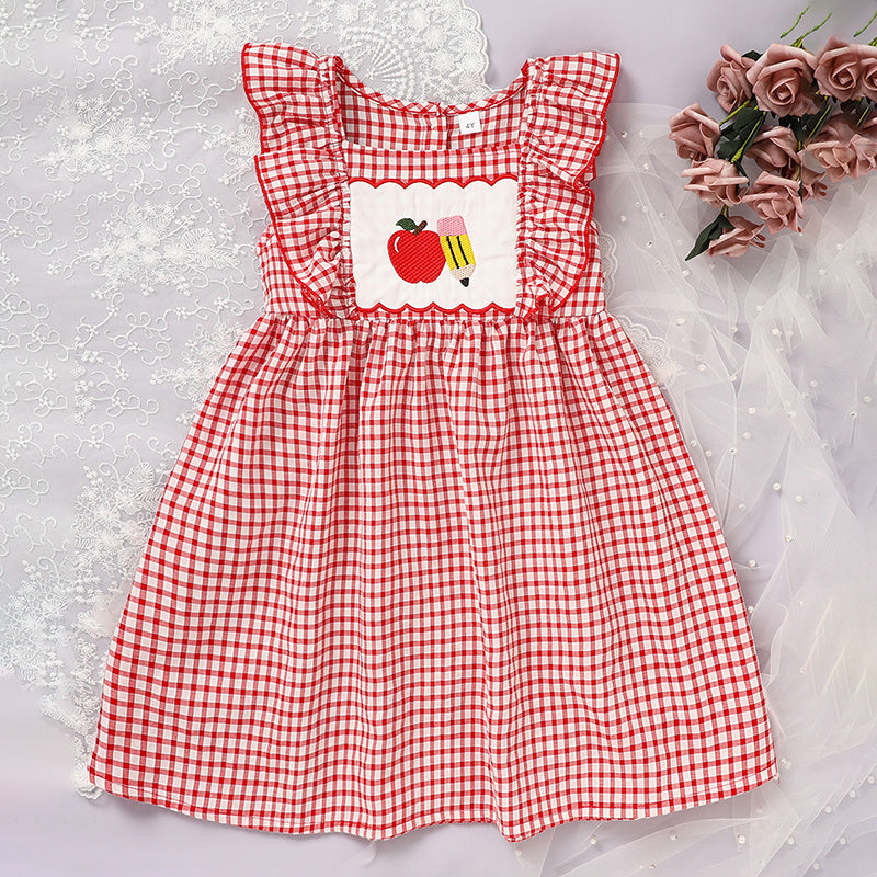 Toddler Girl Back to School Dress – Apple Embroidered Smocked Dress with Flutter Sleeves