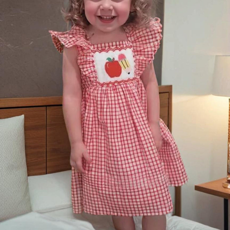 Toddler Girl Back to School Dress – Apple Embroidered Smocked Dress with Flutter Sleeves