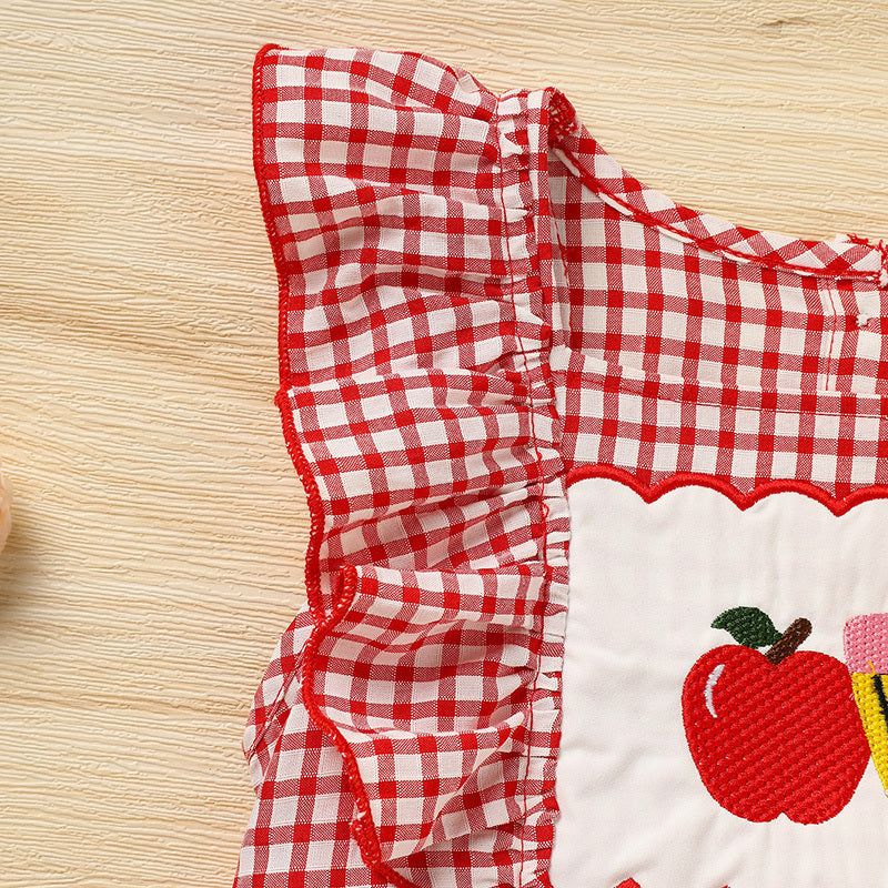Toddler Girl Back to School Dress – Apple Embroidered Smocked Dress with Flutter Sleeves