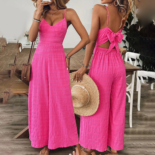 Women’s Pink Sleeveless Jumpsuit – V-Neck Palazzo Style with Back Bow