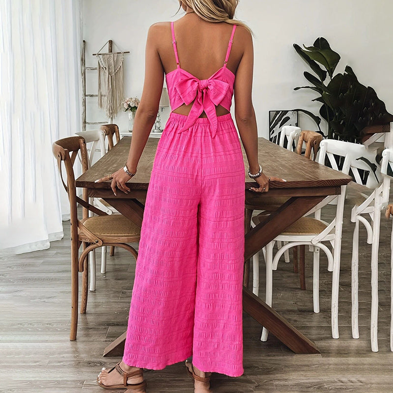 Women’s Pink Sleeveless Jumpsuit – V-Neck Palazzo Style with Back Bow