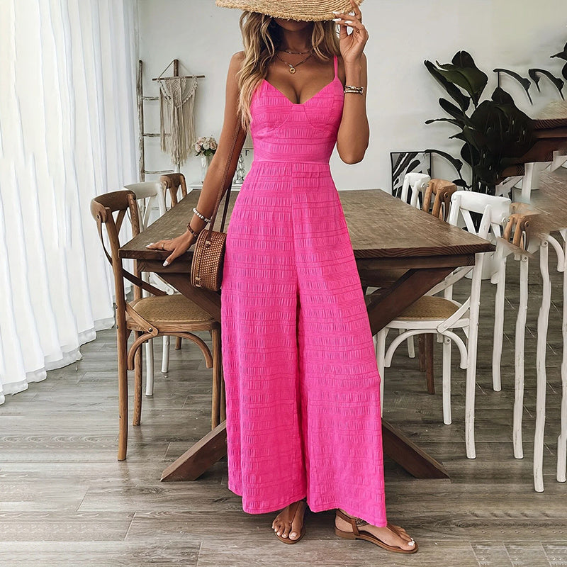 Women’s Pink Sleeveless Jumpsuit – V-Neck Palazzo Style with Back Bow