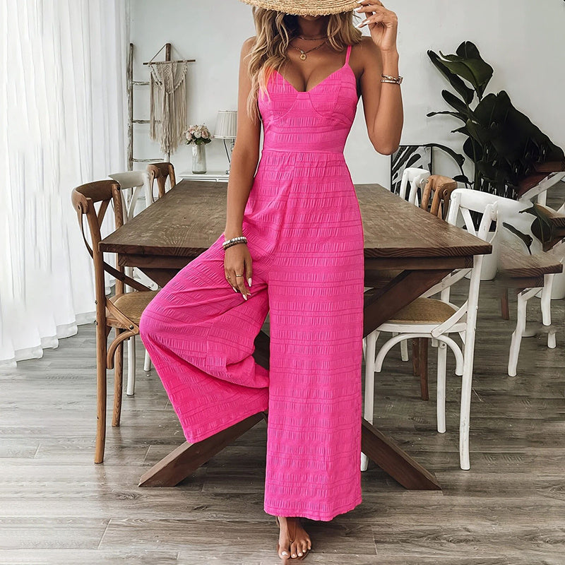 Women’s Pink Sleeveless Jumpsuit – V-Neck Palazzo Style with Back Bow