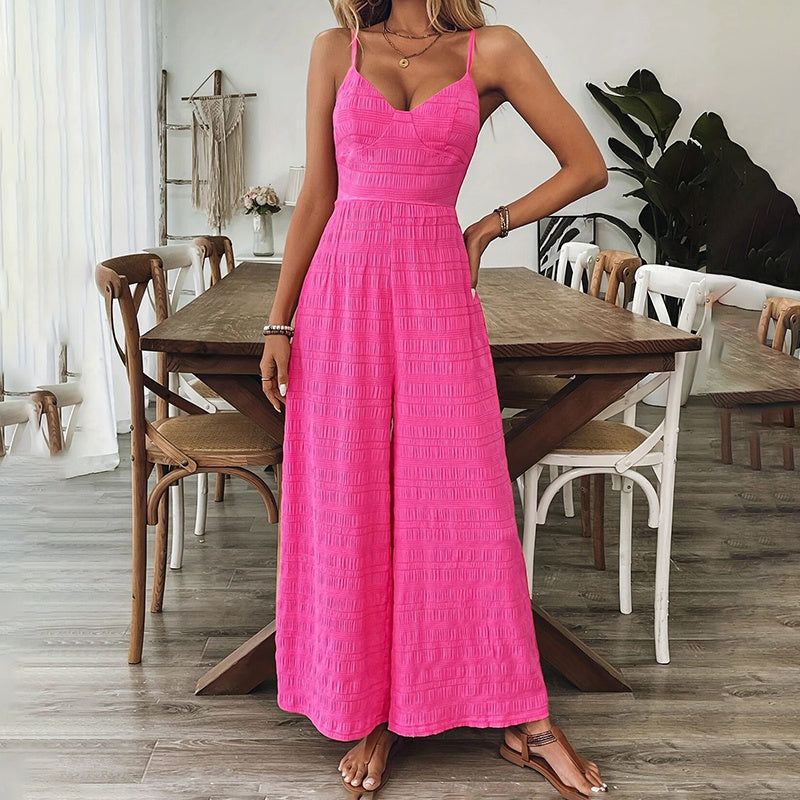 Women’s Pink Sleeveless Jumpsuit – V-Neck Palazzo Style with Back Bow