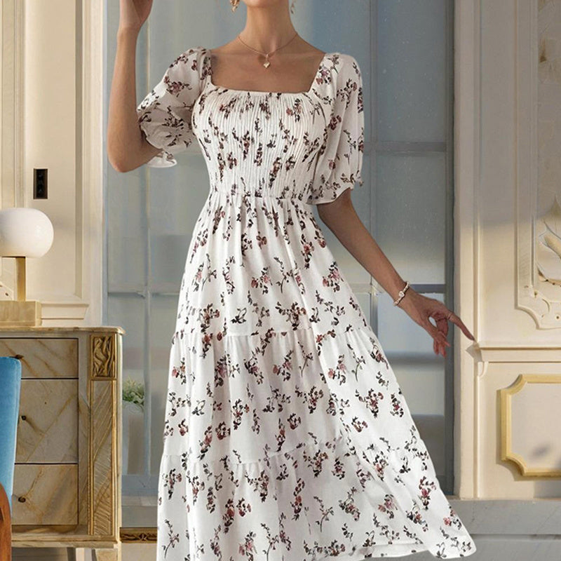 Boho Floral Summer Dress – Square Neck, Smocked Waist, Ruffle Sleeves