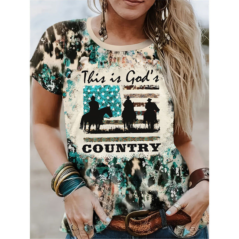 Women’s Cowboy Graphic Tee – Western Style Color Block T-Shirt
