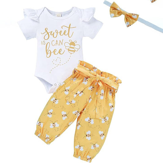 Baby Girl Bee Outfit Set – “Sweet Like Honey” Romper, Pants & Headband