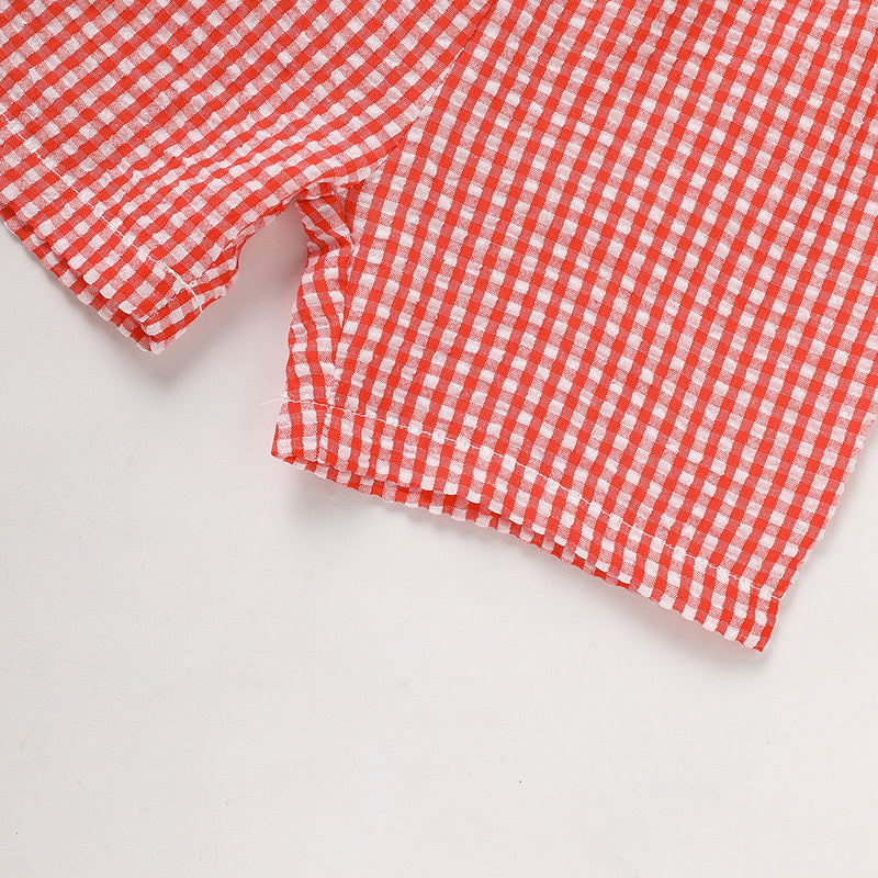 Toddler Boy School Outfit – Applique Tee & Red Gingham Shorts