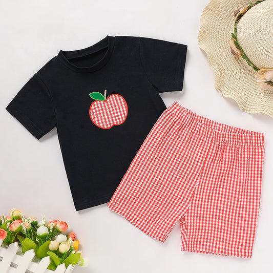 Toddler Boy School Outfit – Applique Tee & Red Gingham Shorts
