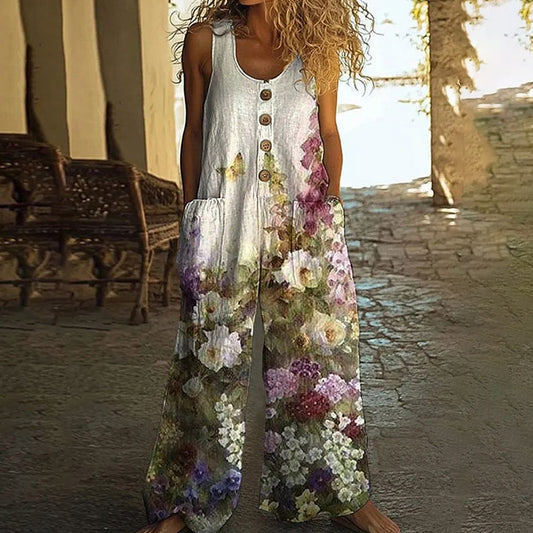 Boho Floral Button-Front Romper - Casual Wide-Leg Fit