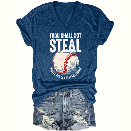‘Thou Shall Not Steal’ V-Neck Graphic Tee for Women – Funny Summer Baseball Style Shirt