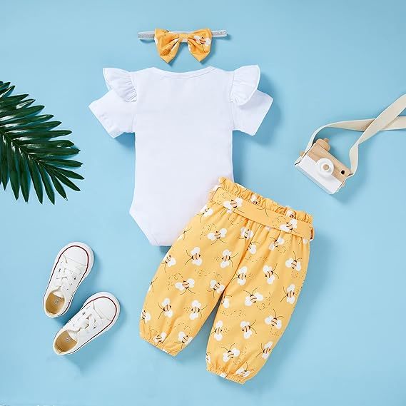 Baby Girl Bee Outfit Set – “Sweet Like Honey” Romper, Pants & Headband