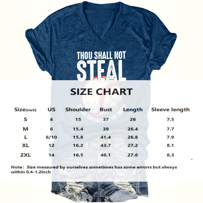 ‘Thou Shall Not Steal’ V-Neck Graphic Tee for Women – Funny Summer Baseball Style Shirt