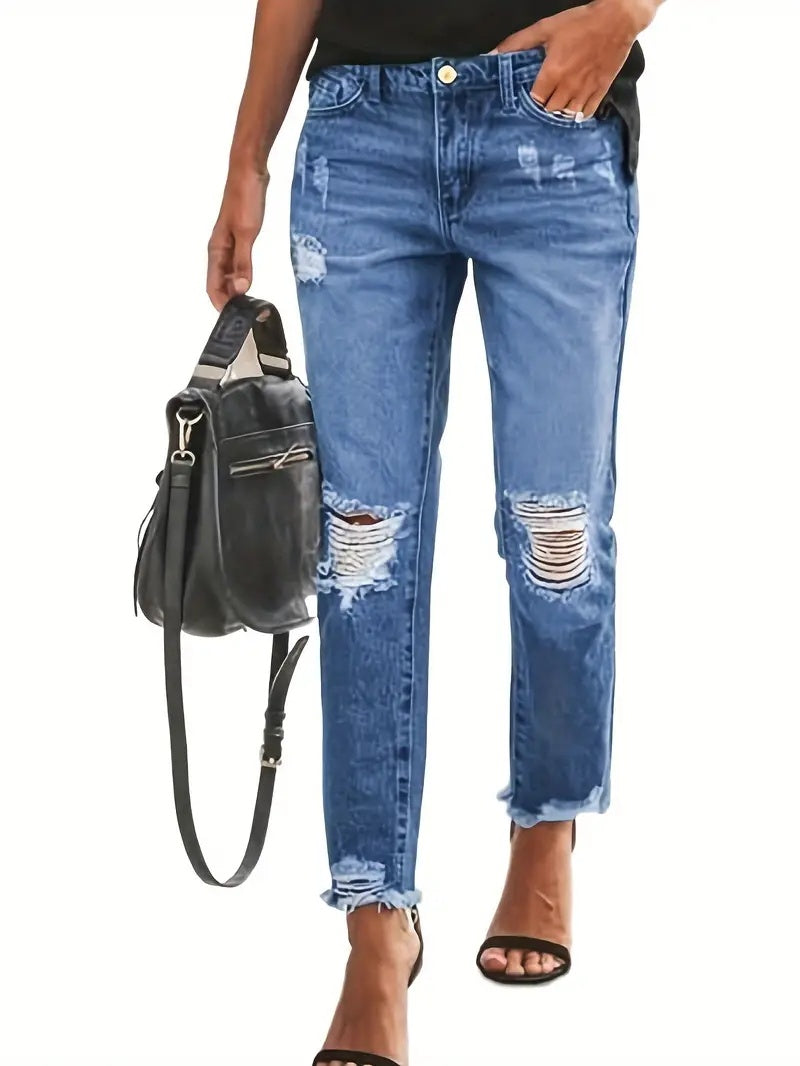 Women’s Stretchy Boyfriend Jeans – Ripped, Distressed Denim with Relaxed Fit