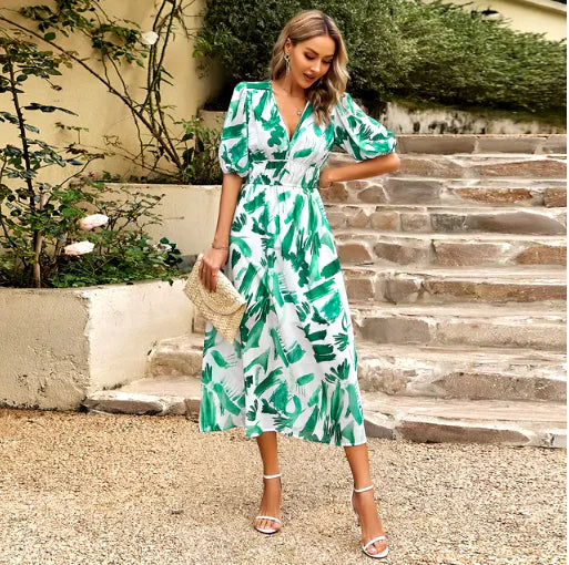 Women’s Summer Maxi Dress – V-Neck Printed Beachwear with Short Sleeves