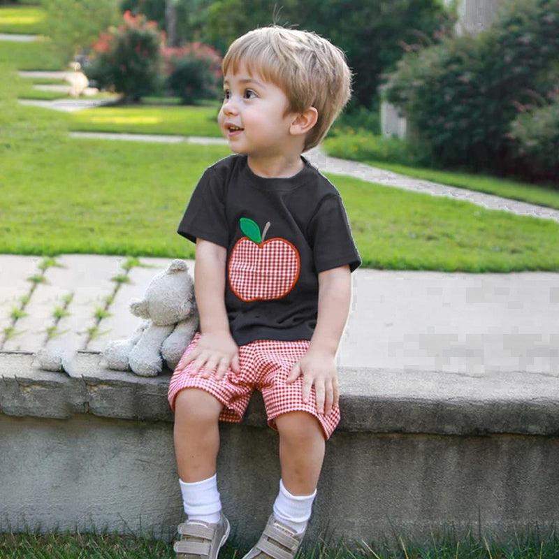 Toddler Boy School Outfit – Applique Tee & Red Gingham Shorts