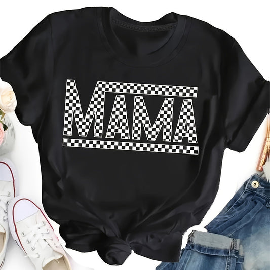 Plaid Mama Tee – Casual Women’s Crew Neck Short Sleeve Top