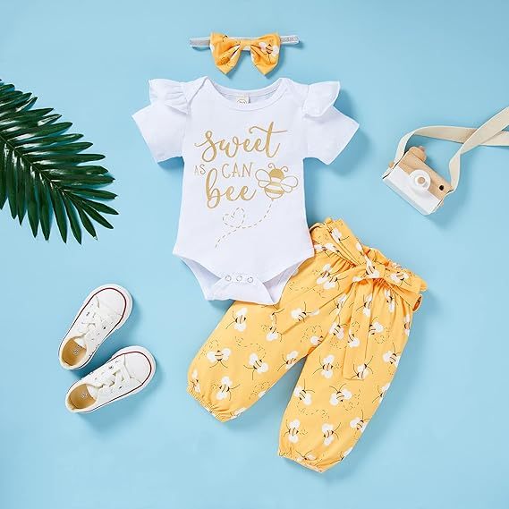 Baby Girl Bee Outfit Set – “Sweet Like Honey” Romper, Pants & Headband