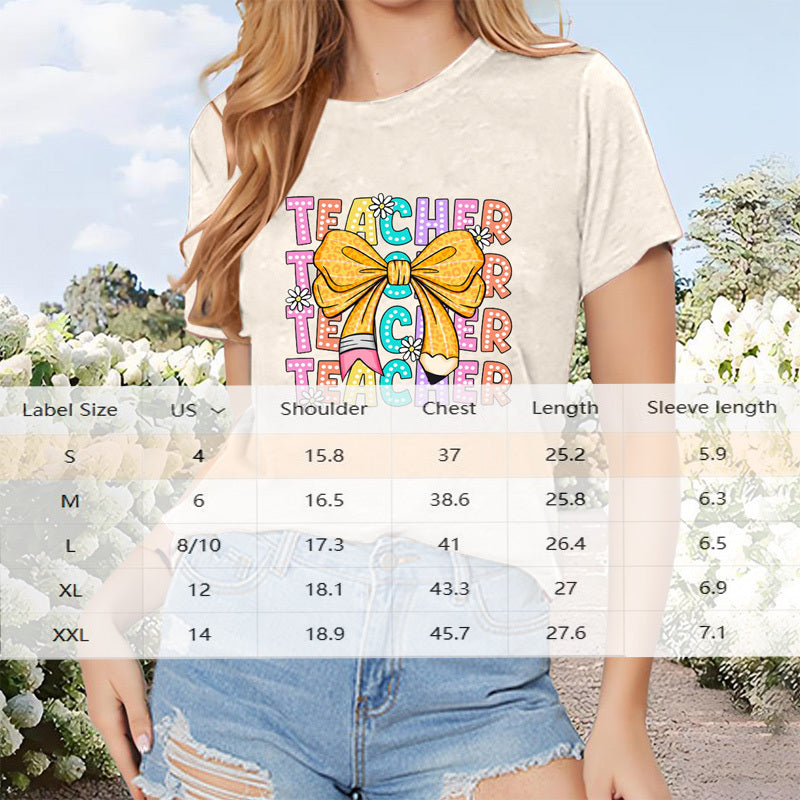 Teacher Graphic Tee – Women’s Casual Short Sleeve Shirt with Bow Print