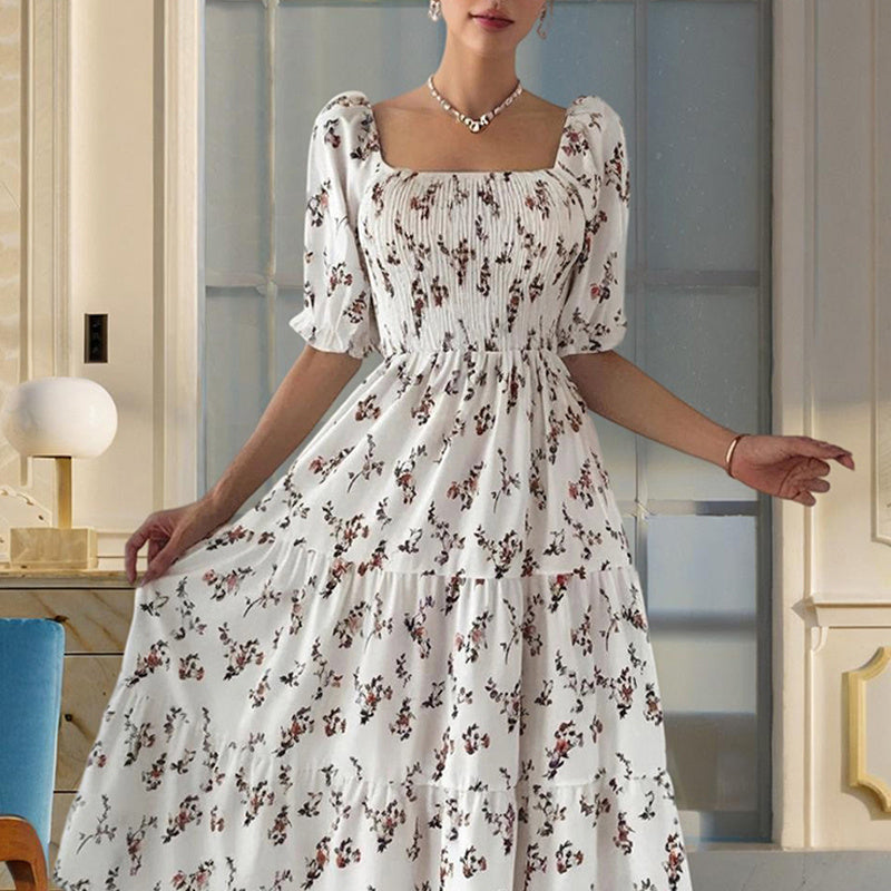 Boho Floral Summer Dress – Square Neck, Smocked Waist, Ruffle Sleeves