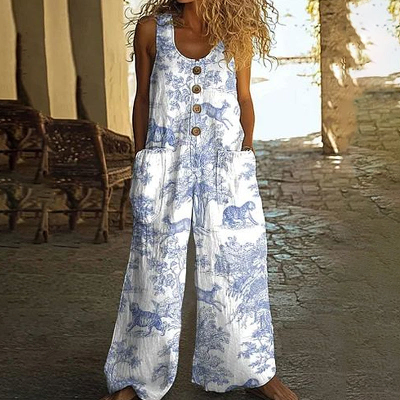 Boho Floral Button-Front Romper - Casual Wide-Leg Fit