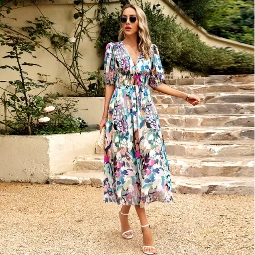 Women’s Summer Maxi Dress – V-Neck Printed Beachwear with Short Sleeves