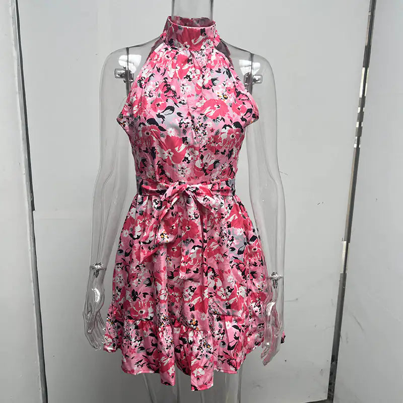 Women’s Summer Halter Dress – Floral Print, Lace-Up, Ruffled Detail