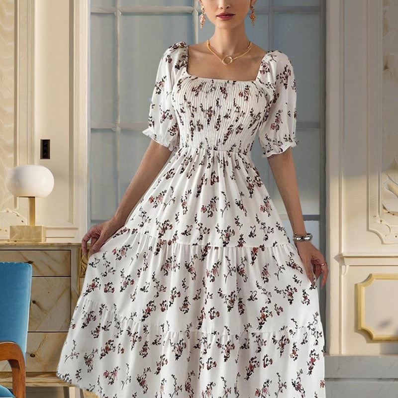 Boho Floral Summer Dress – Square Neck, Smocked Waist, Ruffle Sleeves