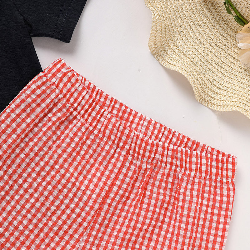 Toddler Boy School Outfit – Applique Tee & Red Gingham Shorts