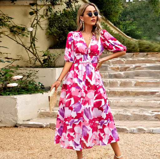 Women’s Summer Maxi Dress – V-Neck Printed Beachwear with Short Sleeves