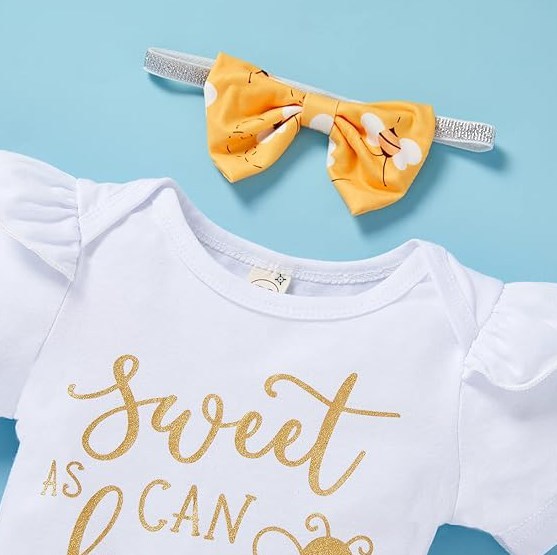Baby Girl Bee Outfit Set – “Sweet Like Honey” Romper, Pants & Headband