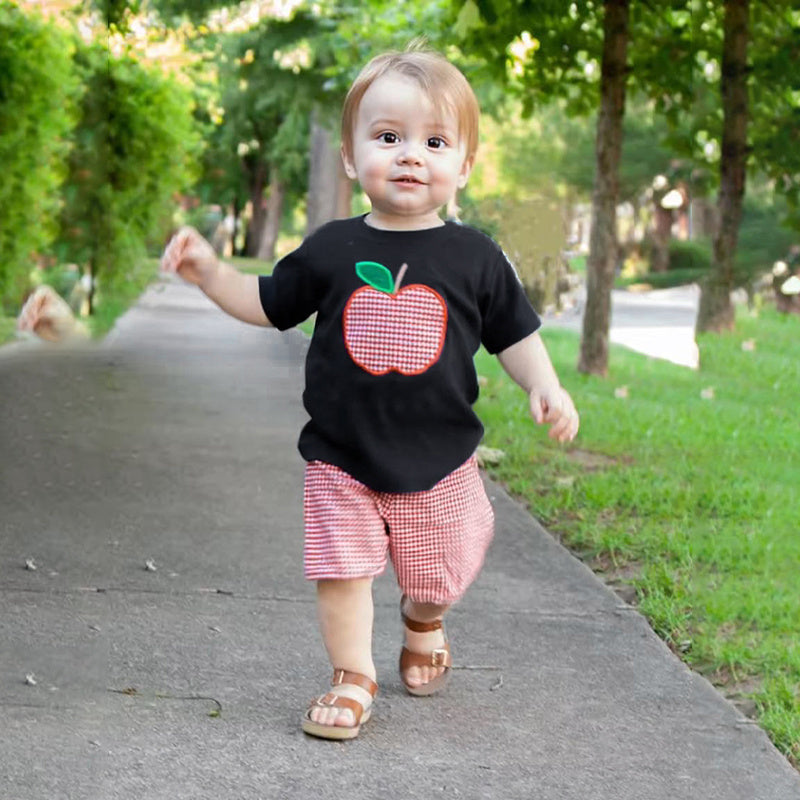 Toddler Boy School Outfit – Applique Tee & Red Gingham Shorts