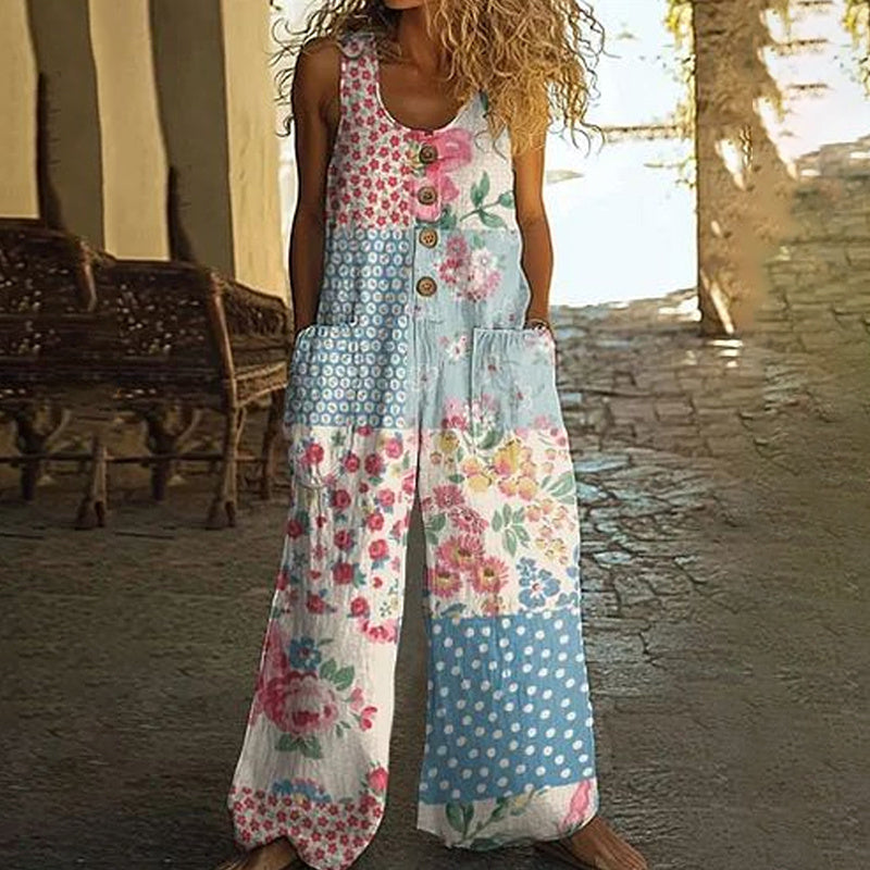 Boho Floral Button-Front Romper - Casual Wide-Leg Fit