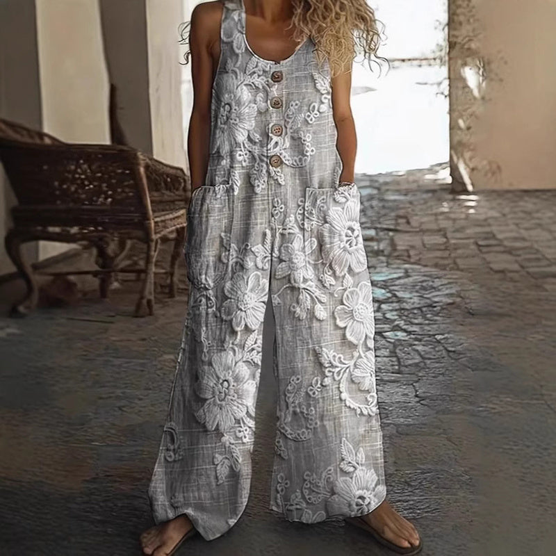 Boho Floral Button-Front Romper - Casual Wide-Leg Fit